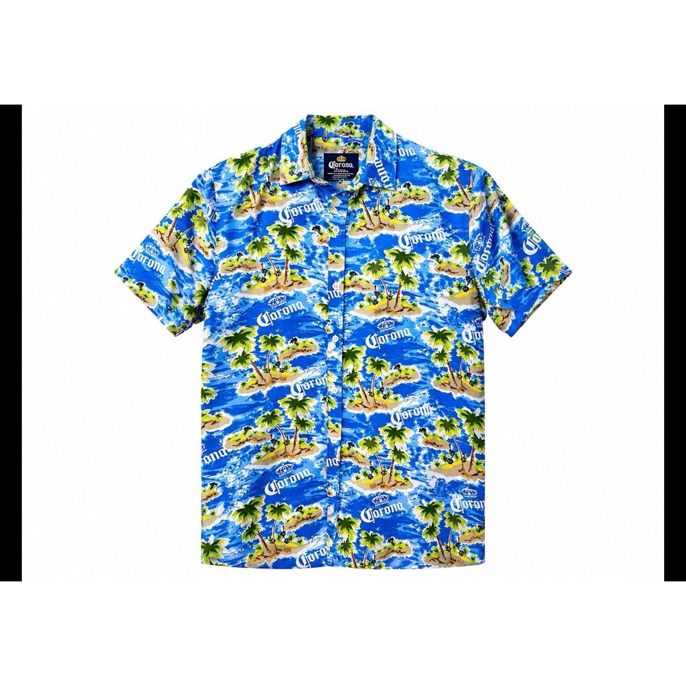 Corona Extra Tropical Island Button-Up Hawaiian Shirt Mens M Palm Trees Beer - Picture 3 of 5